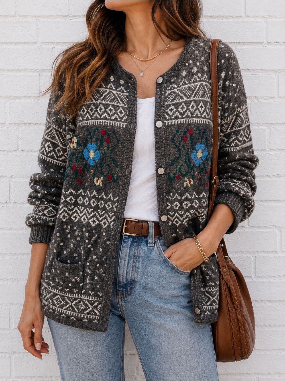 Vintage Tally Ho Gray Floral Folk Art Cardigan Acrylic Sweater Medium